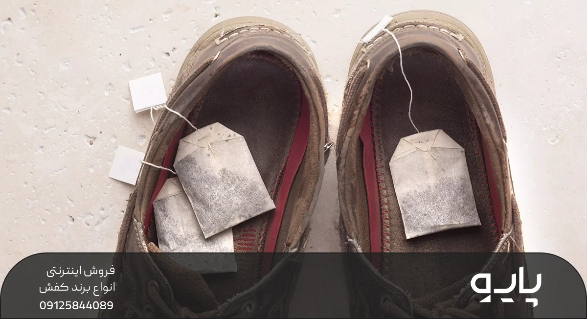 عکس از داخل یک جفت کفش که داخل آن چند چای کیسه ای گذاشته شده